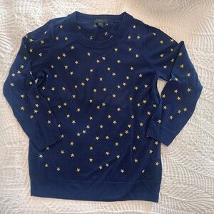 J. Crew 100% Merino Navy Wool Gold Star Embroidered Sweater Crew Pullover Small